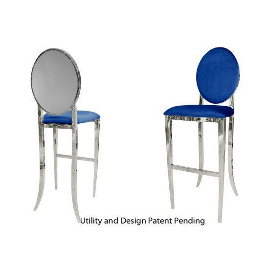 Silver Solid bar stool with Royal Blue cushioned seat, polished stainless-steel round back and foot-rail base for sleek modern bar-height seating