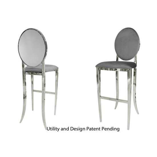 Silver Solid bar stool with Silver cushioned seat, polished stainless-steel round back and foot-rail base for sleek modern bar-height seating