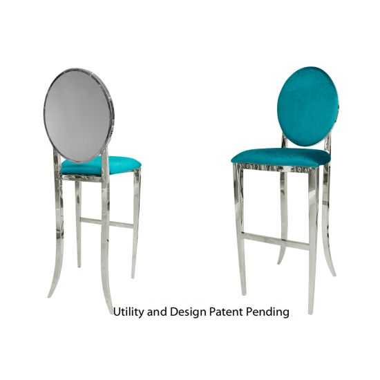 Silver Solid bar stool with Teal cushioned seat, polished stainless-steel round back and foot-rail base for sleek modern bar-height seating