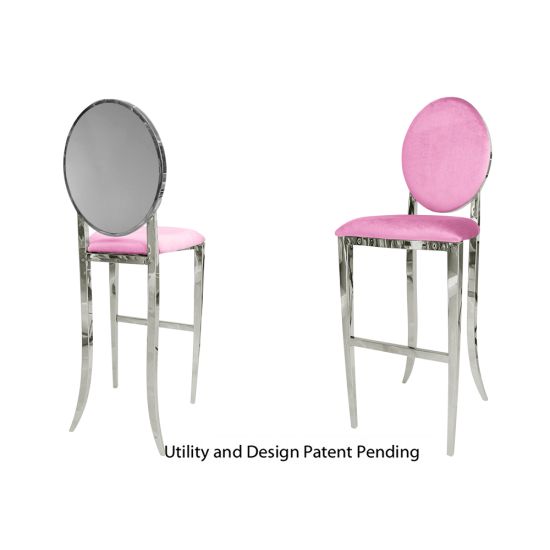 Silver Solid bar stool with Light Pink cushioned seat, polished stainless-steel round back and foot-rail base for sleek modern bar-height seating