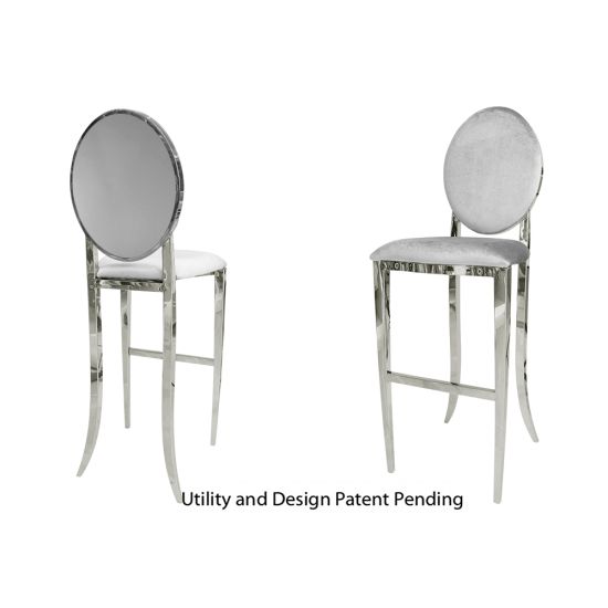 Silver Solid bar stool with White cushioned seat, polished stainless-steel round back and foot-rail base for sleek modern bar-height seating