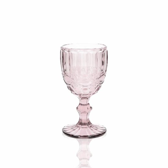 Bella pink water glass with textured bowl and short stem, stylish glassware for receptions, dinners, and event table settings, rack of 25.