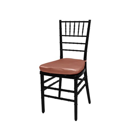 Black resin Chiavari chair with Coral cushion seat, spindled high backrest and four-leg frame, elegant event seating solution