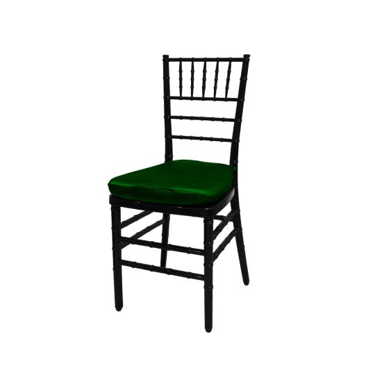 Black resin Chiavari chair with Emerald Green  cushion seat, spindled high backrest and four-leg frame, elegant event seating solution