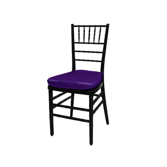 Black resin Chiavari chair with Purple cushion seat, spindled high backrest and four-leg frame, elegant event seating solution