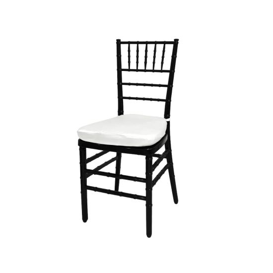 Black resin Chiavari chair with White cushion seat, spindled high backrest and four-leg frame, elegant event seating solution