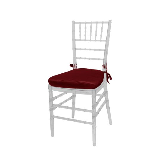 Clear resin Chiavari chair with Brick cushioned seat, spindled backrest and slim frame for elegant event seating