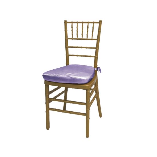 Gold resin Chiavari chair with Lilac cushion seat, spindled high back and slim four-leg frame, elegant event seating