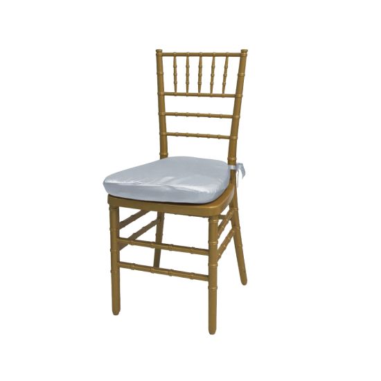 Gold resin Chiavari chair with Silver cushion seat, spindled high back and slim four-leg frame, elegant event seating