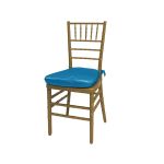 Gold resin Chiavari chair with Turquoise cushion seat, spindled high back and slim four-leg frame, elegant event seating