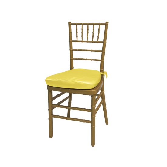 Gold resin Chiavari chair with Yellow cushion seat, spindled high back and slim four-leg frame, elegant event seating