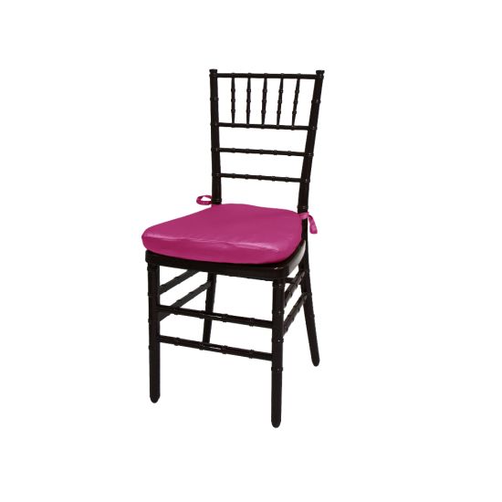 Mahogany resin Chiavari chair with Fuchsia cushioned seat, spindled high backrest and slim stacked-chair frame for elegant event seating