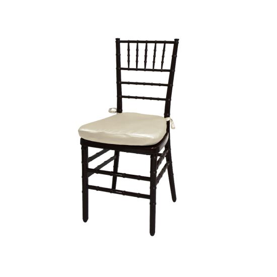 Mahogany resin Chiavari chair with Ivory cushioned seat, spindled high backrest and slim stacked-chair frame for elegant event seating
