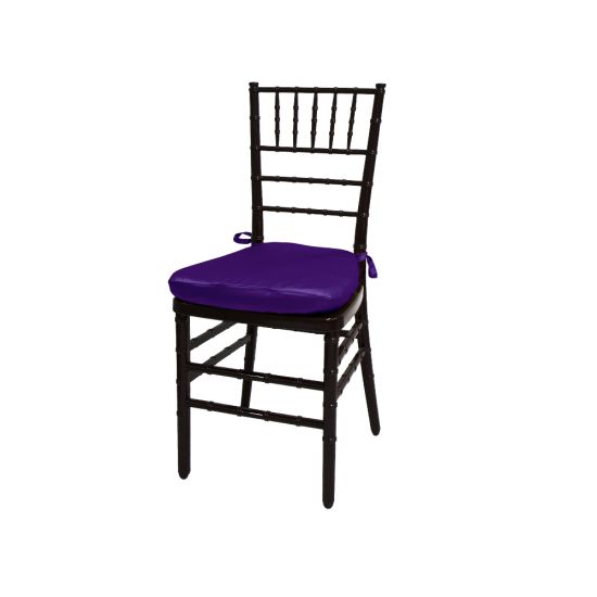Mahogany resin Chiavari chair with Purple cushioned seat, spindled high backrest and slim stacked-chair frame for elegant event seating