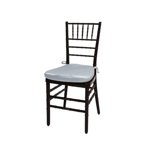 Mahogany resin Chiavari chair with Silver cushioned seat, spindled high backrest and slim stacked-chair frame for elegant event seating