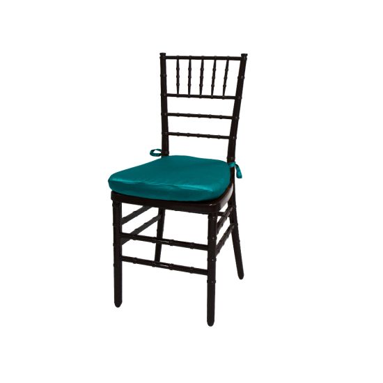 Mahogany resin Chiavari chair with Teal cushioned seat, spindled high backrest and slim stacked-chair frame for elegant event seating