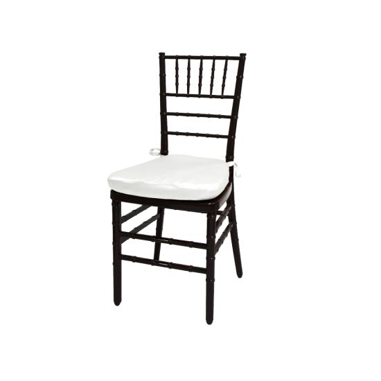 Mahogany resin Chiavari chair with White  cushioned seat, spindled high backrest and slim stacked-chair frame for elegant event seating