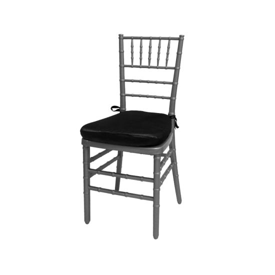 Silver resin Chiavari chair with Black cushioned seat, spindled high backrest and sleek event-height frame