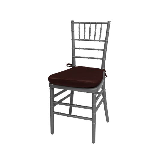 Silver resin Chiavari chair with Brown cushioned seat, spindled high backrest and sleek event-height frame