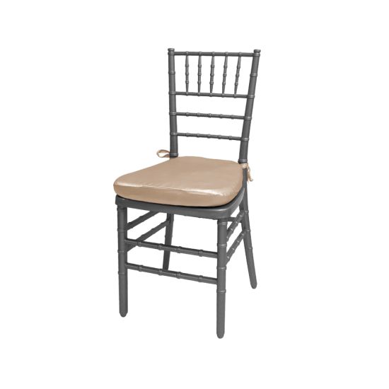 Silver resin Chiavari chair with Champagne cushioned seat, spindled high backrest and sleek event-height frame