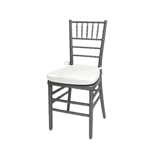 Silver resin Chiavari chair with White cushioned seat, spindled high backrest and sleek event-height frame