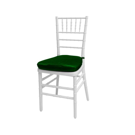 Silver resin Chiavari chair with Emerald Green cushioned seat, spindled high backrest and sleek event-height frame