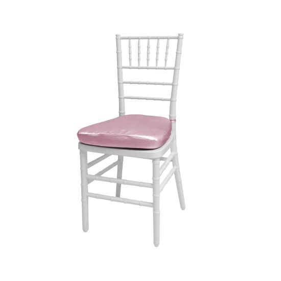 Silver resin Chiavari chair with Light Pink cushioned seat, spindled high backrest and sleek event-height frame