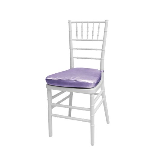 Silver resin Chiavari chair with Lilac cushioned seat, spindled high backrest and sleek event-height frame