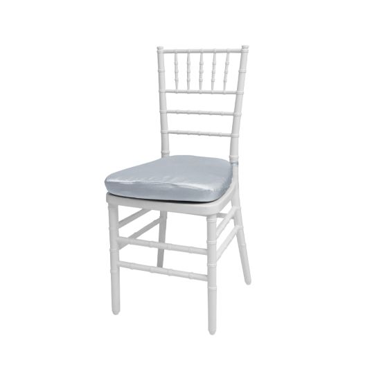 Silver resin Chiavari chair with Silver cushioned seat, spindled high backrest and sleek event-height frame