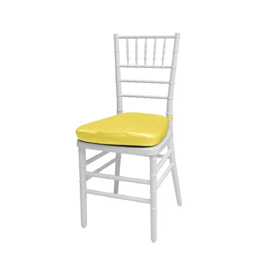 Silver resin Chiavari chair with Yellow cushioned seat, spindled high backrest and sleek event-height frame