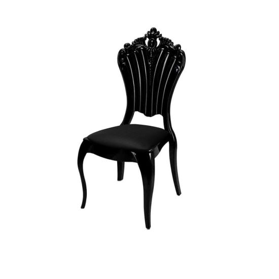 Black Victoria resin chair with Black cushioned seat, tall oval backrest and sleek event-guest seating for upscale weddings and receptions.