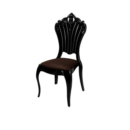 Black Victoria resin chair with Brown cushioned seat, tall oval backrest and sleek event-guest seating for upscale weddings and receptions.