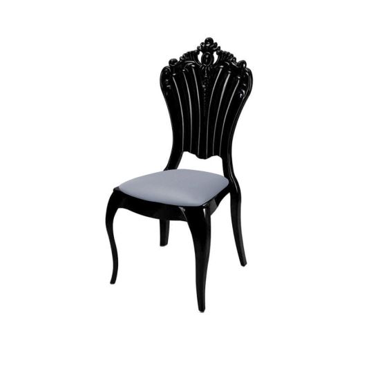 Black Victoria resin chair with Grey cushioned seat, tall oval backrest and sleek event-guest seating for upscale weddings and receptions.