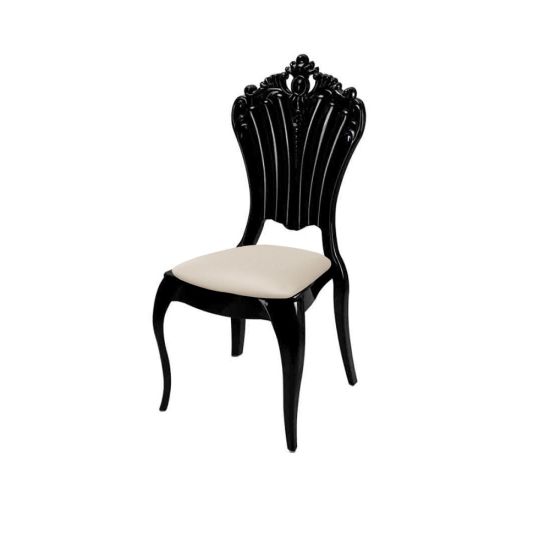 Black Victoria resin chair with Ivory cushioned seat, tall oval backrest and sleek event-guest seating for upscale weddings and receptions.
