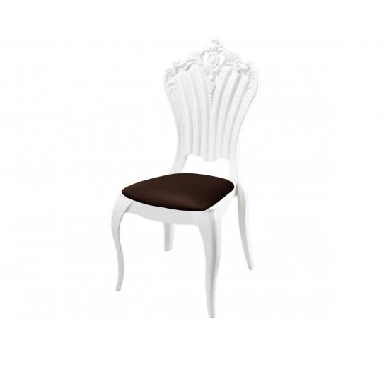 White resin Victoria chair with Brown cushioned seat, tall decorative backrest and sleek event-grade frame for upscale guest seating”