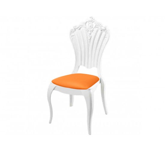 White resin Victoria chair with Hot Orange cushioned seat, tall decorative backrest and sleek event-grade frame for upscale guest seating”