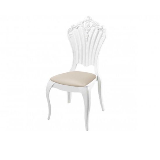 White resin Victoria chair with Ivory cushioned seat, tall decorative backrest and sleek event-grade frame for upscale guest seating”