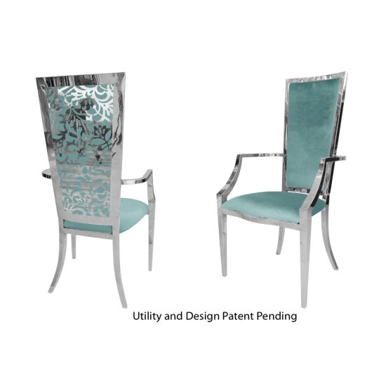 Silver metal Botanical Gardens armchair with Tiffany blue cushion for luxury event seating