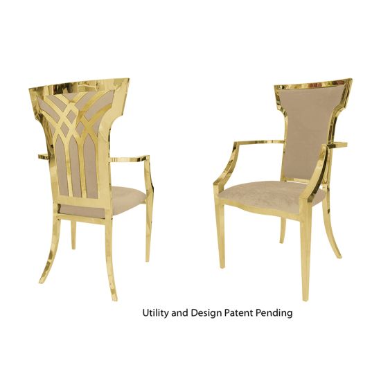 Gold-metal Celine armchair with champagne colored upholstery and curved arms for elegant event seating