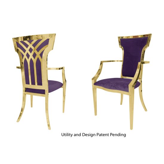 Gold-metal Celine armchair with eggplant upholstery and curved arms for luxury event seating