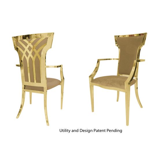Gold-metal Celine armchair with gold cushion and curved arms for luxury event seating
