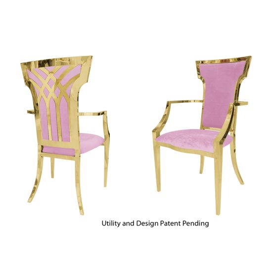 Gold stainless steel armchair with high back and armrests, upholstered in light pink cushion elegant banquet or event dining chair.