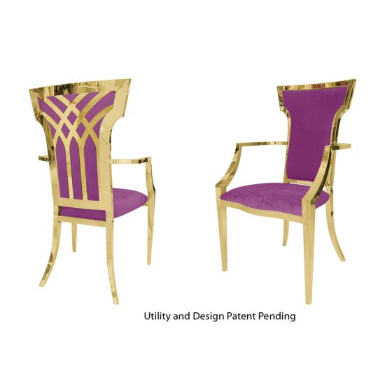 Polished gold stainless-steel armchair with high back and armrests, upholstered in vibrant magenta cushion elegant event dining chair.