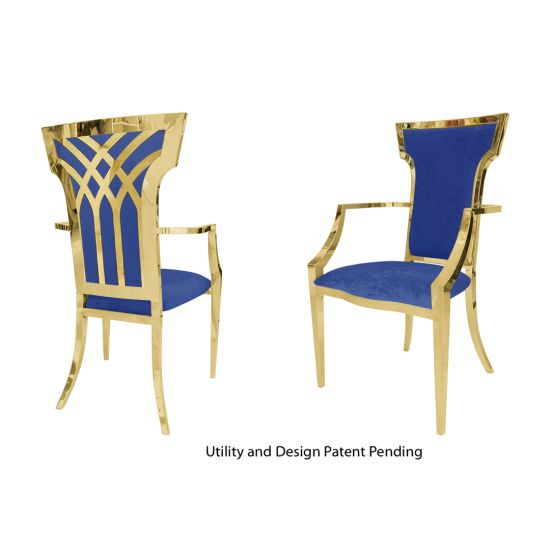 Gold stainless-steel armchair with royal blue upholstered seat and back, featuring high backrest and armrests luxury event dining chair.