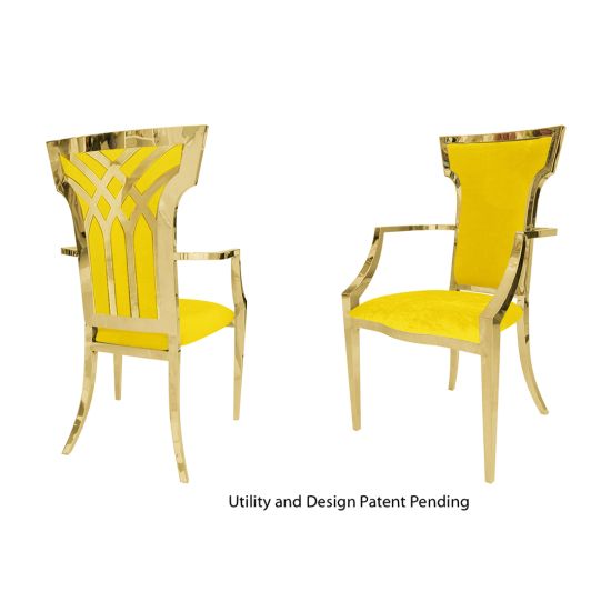 Gold stainless-steel armchair with yellow upholstered seat and back, high backrest and armrests vibrant event dining chair.