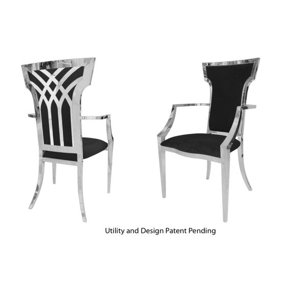 Silver stainless-steel armchair with black upholstered seat and back, high backrest and armrests modern banquet or event dining chair.
