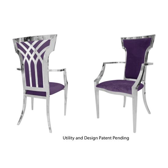 Silver stainless-steel armchair with eggplant-purple upholstered seat and back, high backrest and armrests elegant event or banquet dining chair.