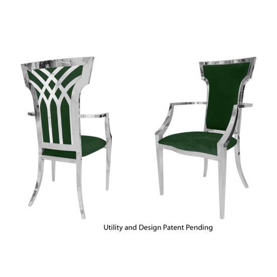 Silver stainless-steel armchair with emerald-green upholstered seat and back, high backrest and armrests refined banquet/event dining chair.