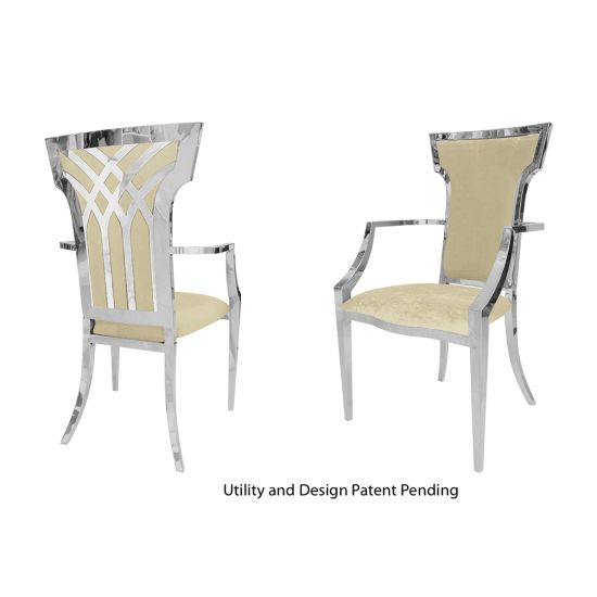 Silver stainless-steel armchair with ivory upholstered seat and back, high backrest and armrests elegant event banquet chair.