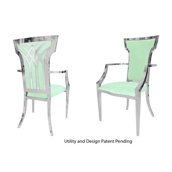 Silver stainless-steel armchair with mint-green upholstered seat and back, high backrest and armrests refined event banquet dining chair.